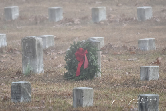 Christmas Wreath On Grave In Cemetery Under Thick Fog Shiloh TN