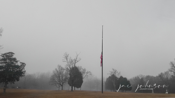 Flag at Half Mast at Shiloh National Military Park On Foggy Morning