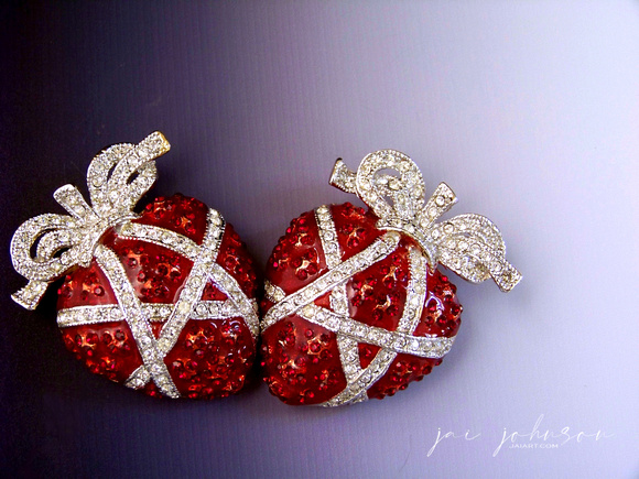 Pair of Red Rhinestone Heart Brooches
